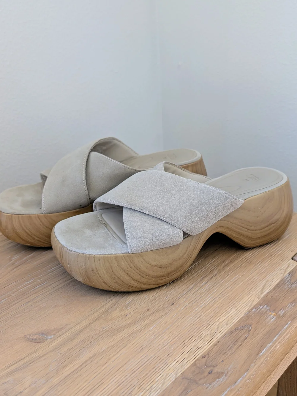 Zara Neutral Suede Slide Chunky Wood Heel Sandals In Beige - 8.5 - Picture 1 of 10